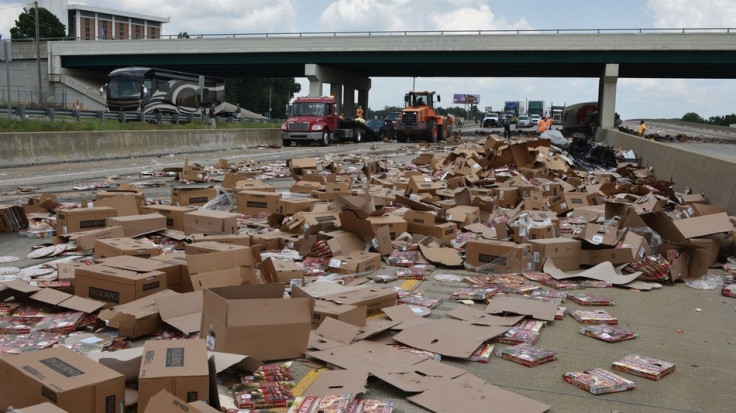 Pizza spill on the Mabelvale Road overpass on Interstate 30 in Little Rock