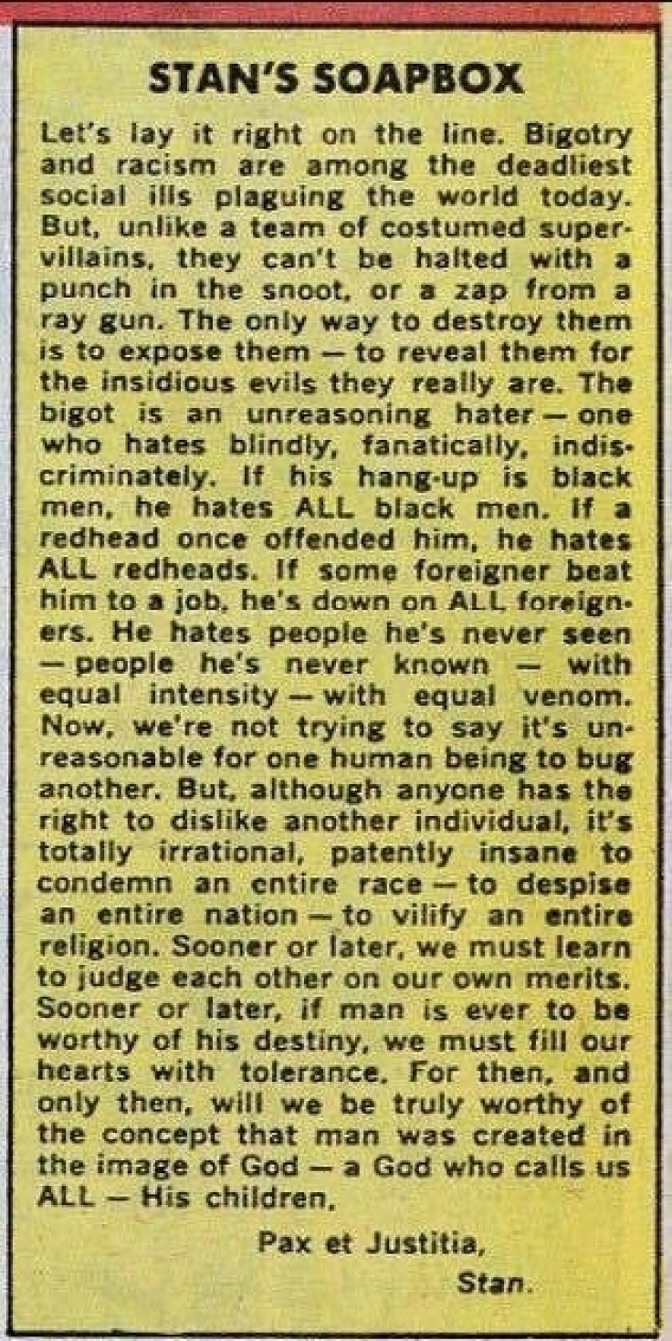 Stan Lee’s 1968 column "Stan's Soapbox" that appeared monthly in Marvel Comics