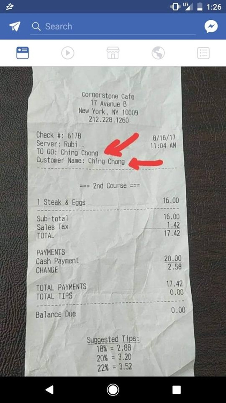 Ziggy Chau posted the bill from the Cornerstone Cafe the referred to an Asian customer as ‘Ching Chong’