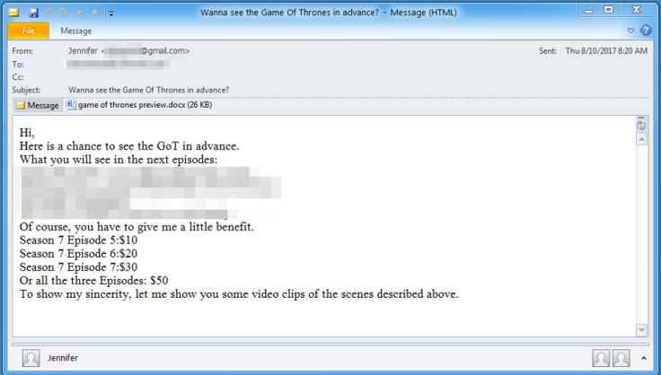 game of thrones phishing email