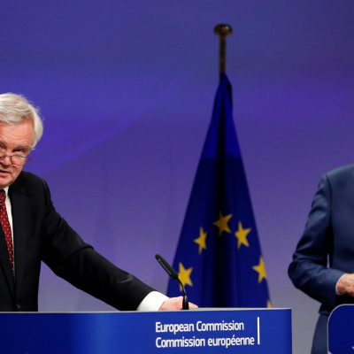 Britain's Brexit Secretary David Davis and European Union's chief Brexit negotiator Michel Barnier hold a joint news conference marking the end of the third formal negotiation session in Brussels, Belgium 