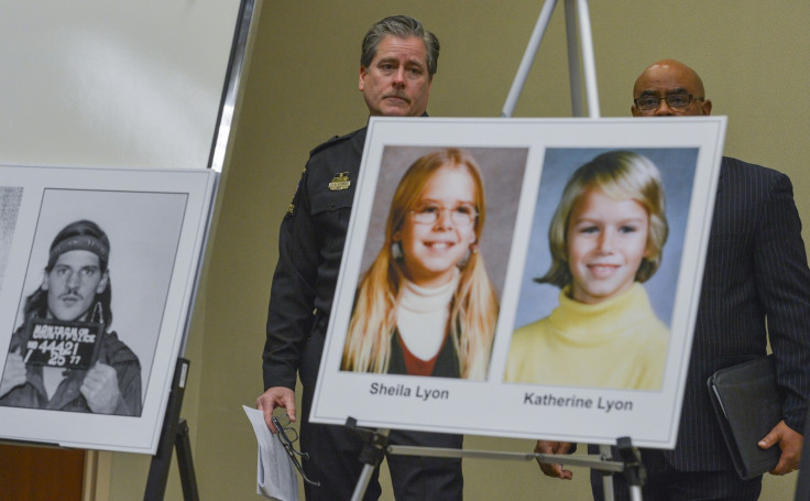 Montgomery County Police Captain Paul Starks, left, and Captain Marcus G. Jones stand behind a mug shot of Lloyd Lee Welch, Jr., who has now pleaded guilty to the murder of Katherine and Shelia Lyon, right, during a press conference in February 2014 in Ga