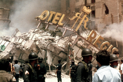 The Hotel Regis in Mexico City's Alameda Park Square collapses after the country’s devastating earthquake on 19 September 1985 – leading the country to strengthen building codes and adopt emergency drills 