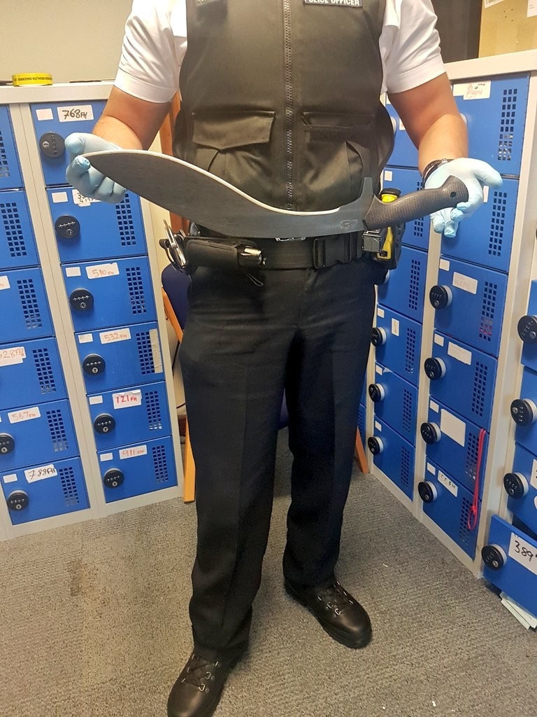 This enormous knife was handed into an amnesty bin outside Hammersmith Police station, west London This enormous knife was handed into an amnesty bin outside Hammersmith Police station, west London