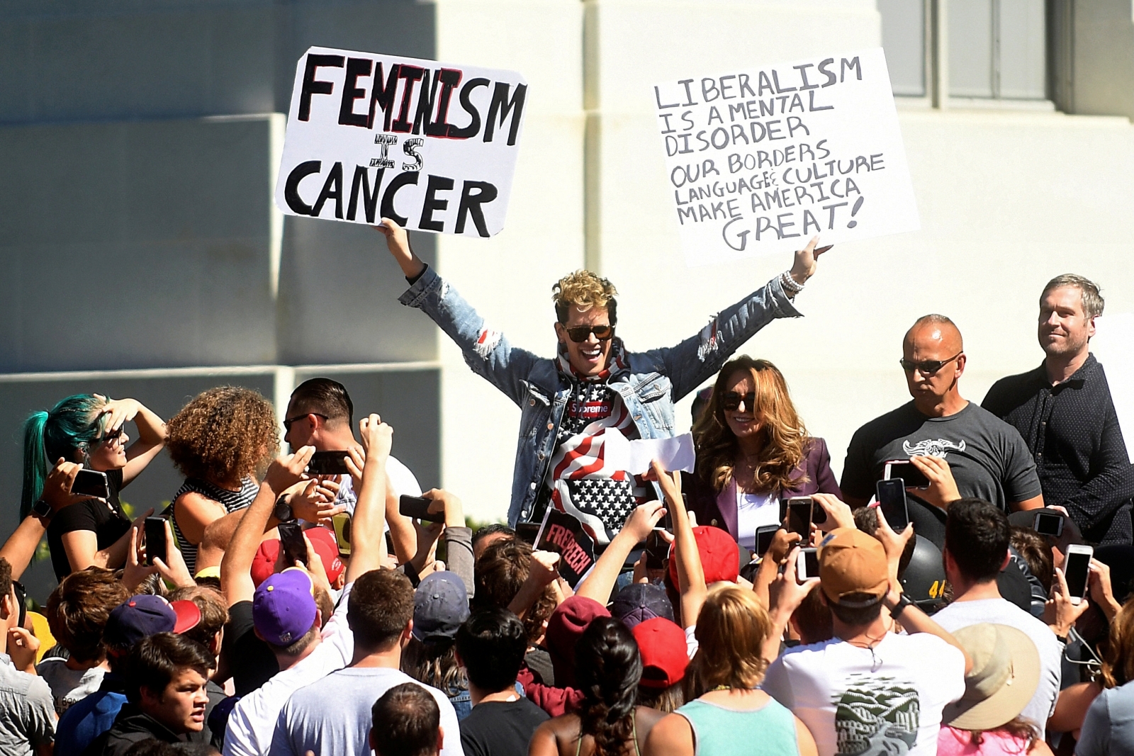 Far-right speaker Milo Yiannopoulos appears at University of California, Berkeley, even though a weeklong conservative free speech showcase was scrapped (24 September) Far-right speaker Milo Yiannopoulos appears at University of California, Berkeley, even though a weeklong conservative free speech showcase was scrapped (24 September)