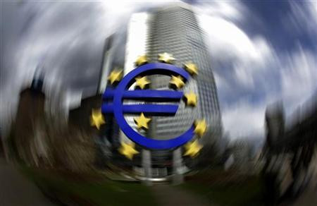 A sculpture showing the euro currency sign is seen in front of the European Central Bank (ECB) headquarters in Frankfurt