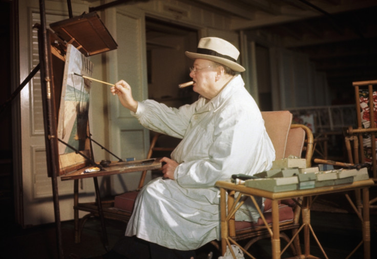  Winston Churchill engrossed in his hobby of oil painting at Miami Beach