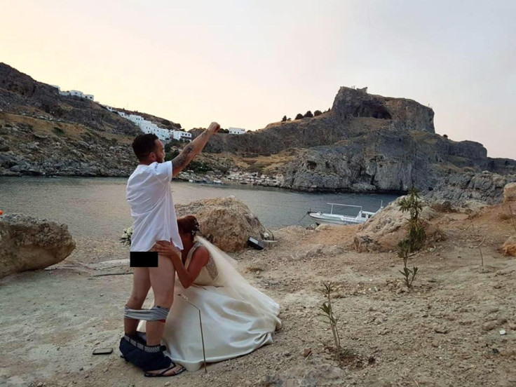 Newlyweds Matthew and Carly Lunn posted a pic of them apparently performing a sex act in front of the scared monastery of St Paul in Rhodes where they had just been married