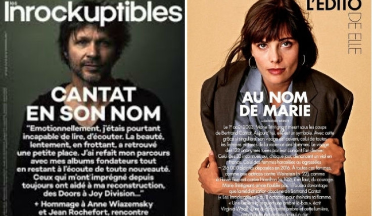 The covers of French music magazine (r) Les Inrockuptibles and French Elle, which respectively feature rock star Bertrand Cantat and his actress girlfriend Marie Trintignant who he murdered in 2013 