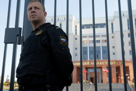A bailiff guards outside the Moscow regional court building