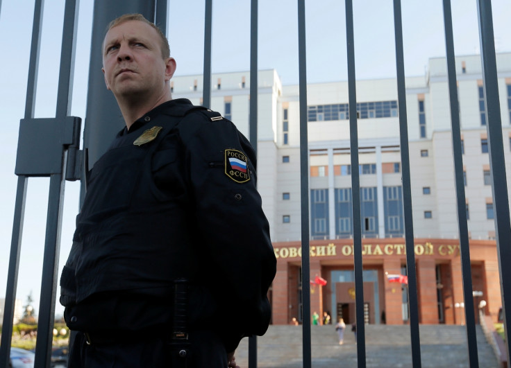 A bailiff guards outside the Moscow regional court building