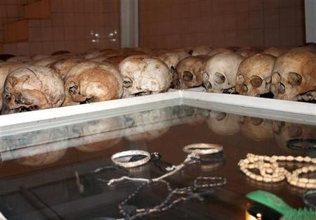 Skulls of the remains of Rwanda genocide victims are seen inside a catholic church in Nyamata 20km from Kigali