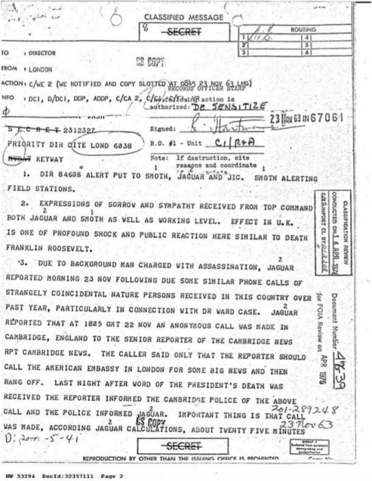 Part of the FBI memo that details the account of the mysterious call to the Cambridge News about the shooting of JFK