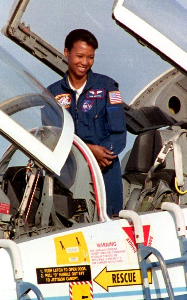 Science Mission Specialist Mae Jemison prepares to climb out of her T-38 training jet