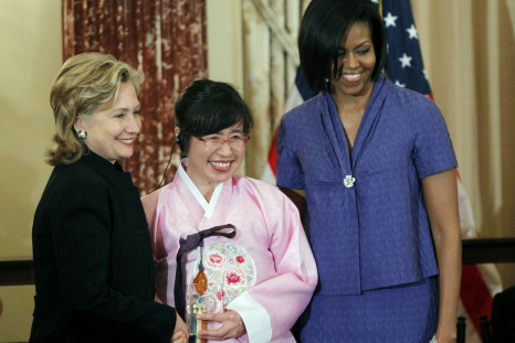 Dr Lee Aeran, who has launched a crowd-funding campaign for the assassination of dictator Kim Jong Un, receives her International Women of Courage award presented by Hillary Clinton and Michelle Obama in 2010 