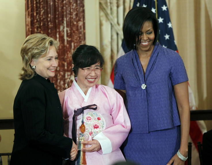 Dr Lee Aeran, who has launched a crowd-funding campaign for the assassination of dictator Kim Jong Un, receives her International Women of Courage award presented by Hillary Clinton and Michelle Obama in 2010 