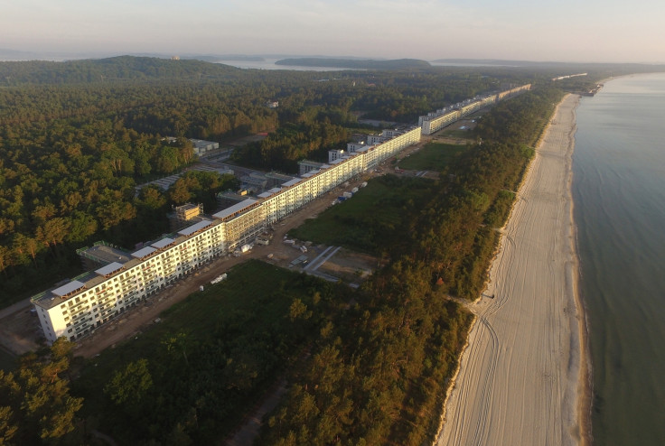An aerial view blocks of the Prora resort on Rugen, which stretches along the beach for three miles