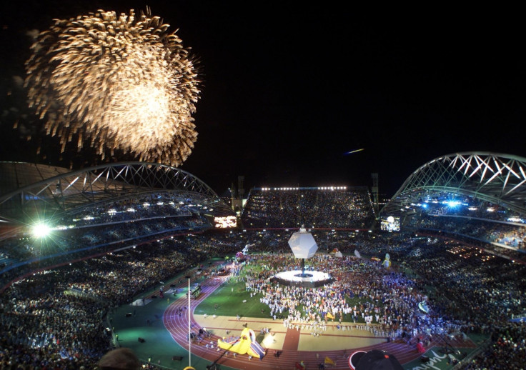 Fireworks explode over Australia’s Olympic Stadium during the closing ceremonies of the games in Sydney Games in 2000