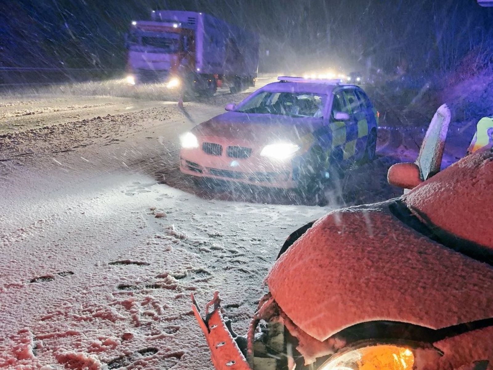 Overnight Snowstorms across the UK has led to traffic accidents and left thousands of homes without power Overnight Snowstorms across the UK has led to traffic accidents and left thousands of homes without power