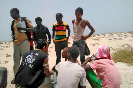 International Organisation for Migration staff help Ethiopian migrants forced into sea by smugglers last year 