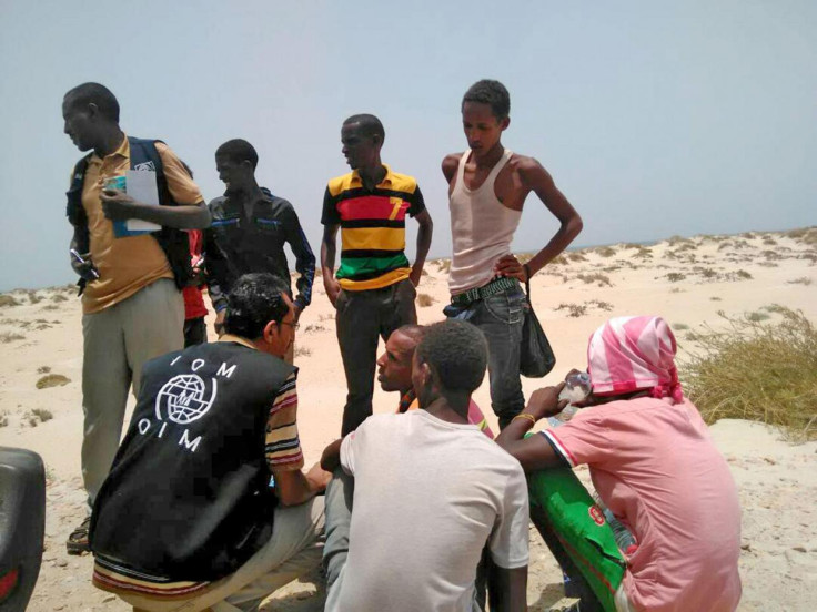 International Organisation for Migration staff help Ethiopian migrants forced into sea by smugglers last year 