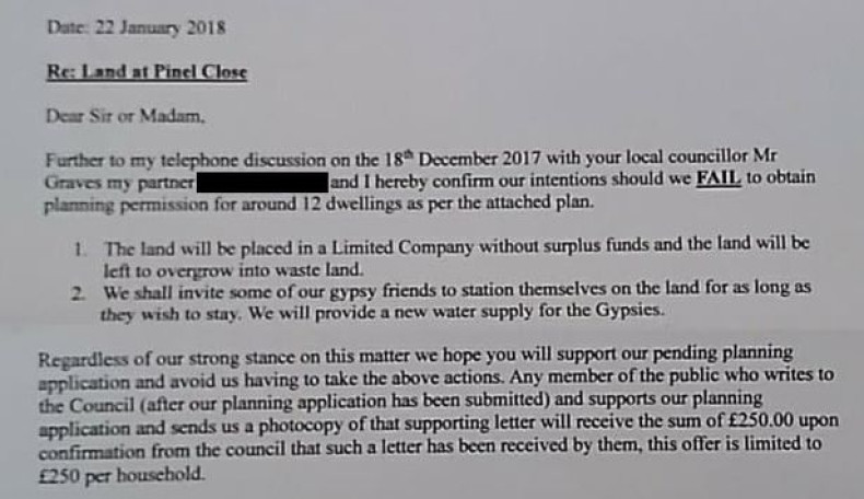 The letter sent by property developer Wayne Rushton to all the residents of Pinel Close