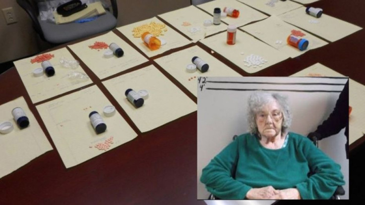 Decatur County police display part of the prescription pills haul they say was being sold illegally by Betty Jean Jordan (inset)