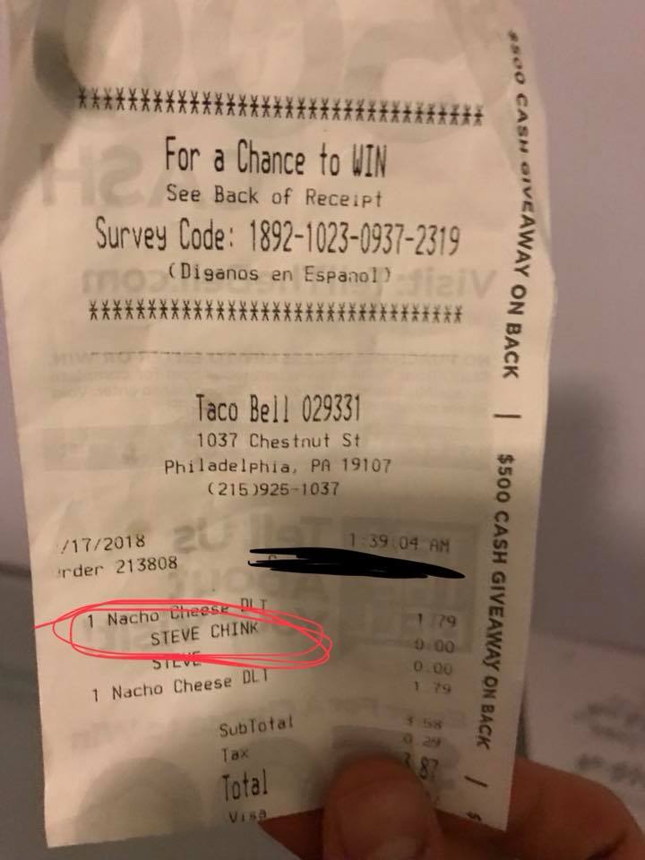 Taco Bell diner outraged after finding 'Chink' slur on his