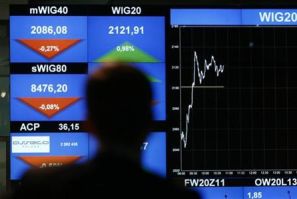 A man looks at the WIG20 index on a screen at the Warsaw Stock Exchange