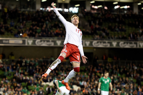 Denmark's Nicklas Bendtner celebrates goal