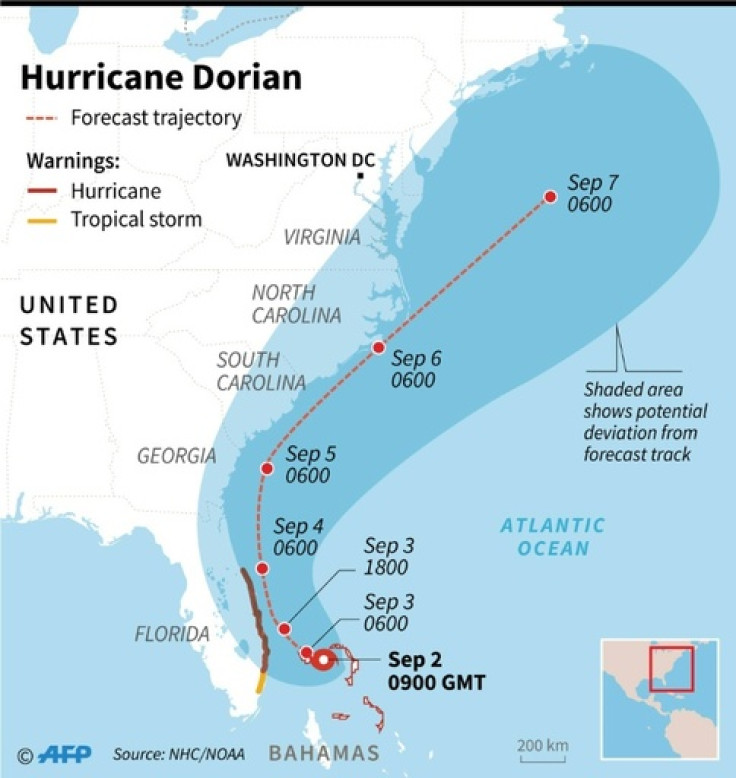 Map of the forecast path of Hurricane Dorian, as of Sept 2