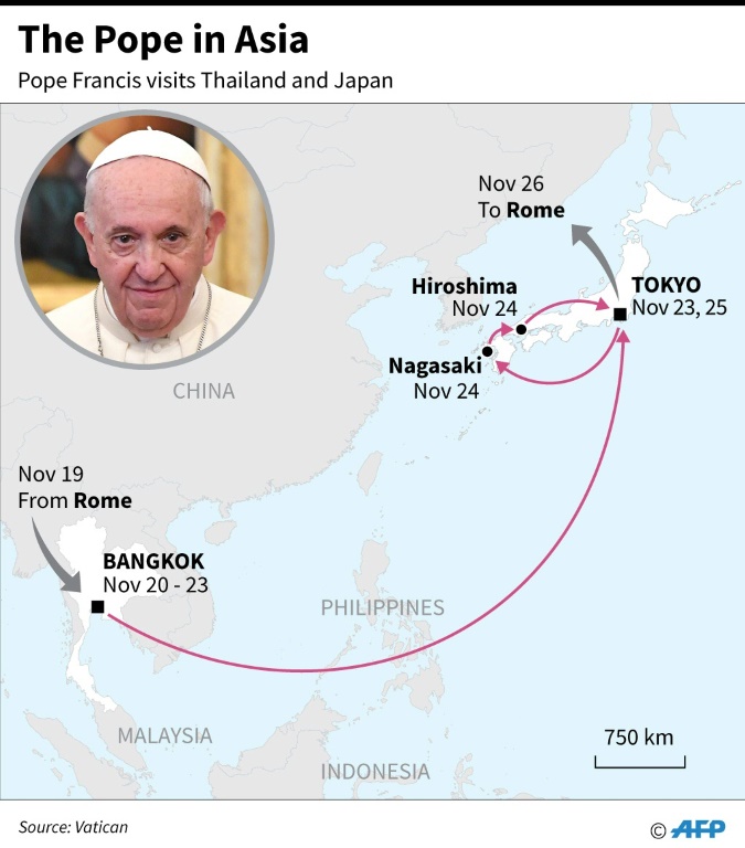 Pope lands in Thailand to kick off two-country Asian tour