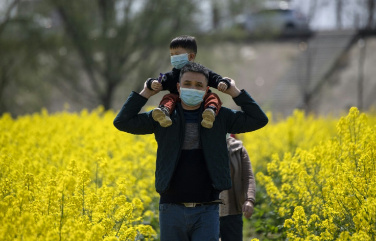 People walk through rapeseed farm in China