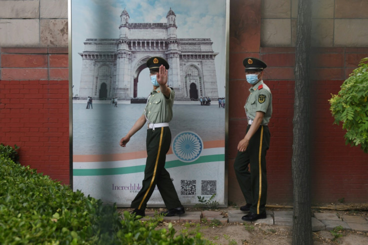 Chinese paramilitary officers outside Indian Embassy