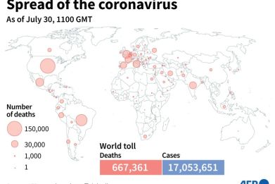 World map showing spread of coronavirus
