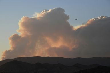 A plane flies past wildfires