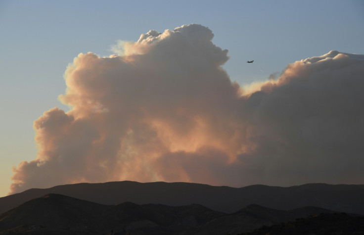A plane flies past wildfires