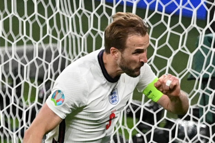 England forward Harry Kane celebrates against Denmark 
