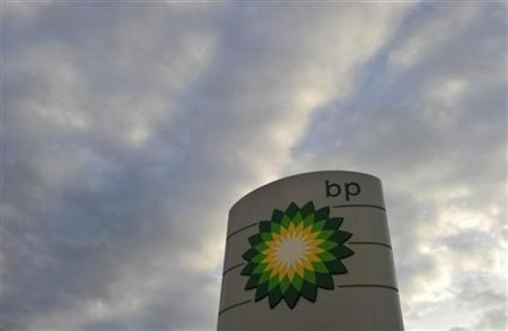 A logo is seen at a BP fuel station in London