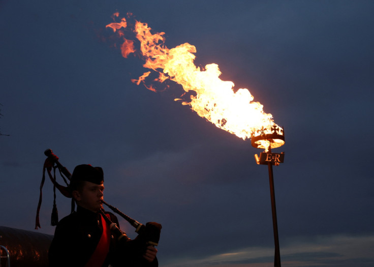 Piper Army Cadet Callum Lowther plays beside the Platinum Jubilee Beacon at Edinburgh Castle Edinburgh, Scotland