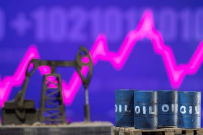 Models of oil barrels and a pump jack are displayed in front of a rising stock graph and "$100" in this illustration