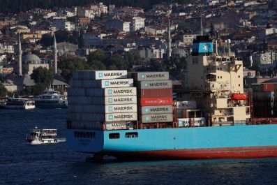 The Maersk Line container ship Maersk Batam sails in the Bosphorus, on its way to the Mediterranean Sea, in Istanbul