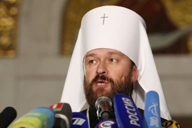 Chairman of external relations department of the Moscow Patriarchate, Metropolitan Hilarion, attends a news conference in Minsk