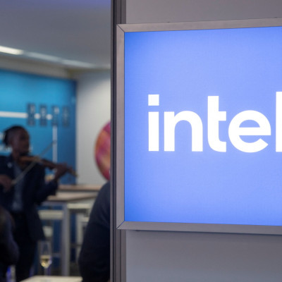 The Intel Corporation logo is seen  in Davos