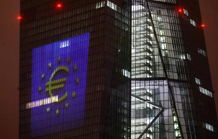 Sun sets over the skyline and ECB headquarters in Frankfurt