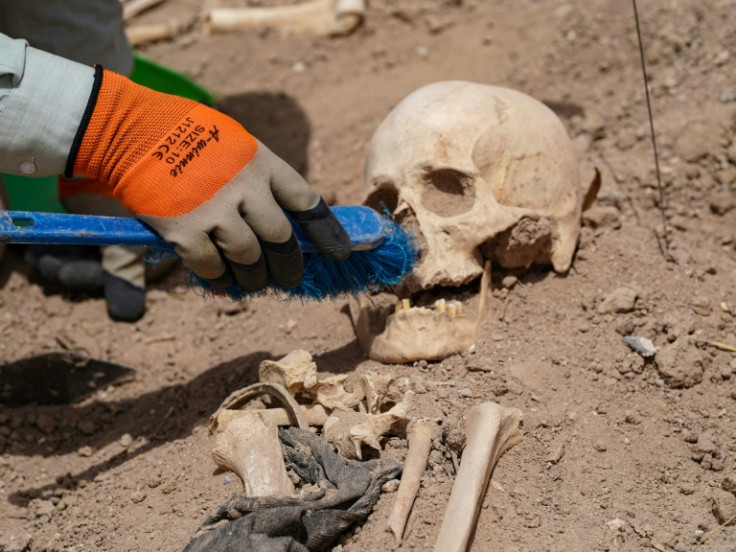 A forensics expert uses a brush to exhume a skull