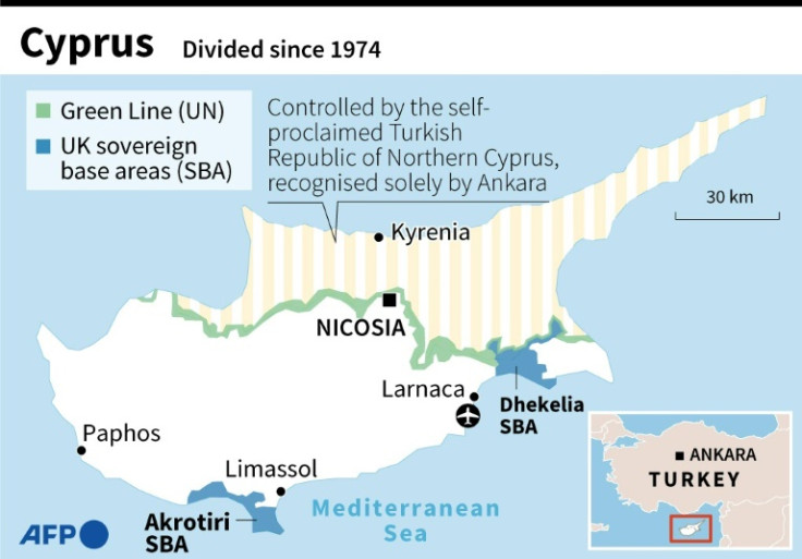 Map of Cyprus, a Mediterranean island divided since 1974.