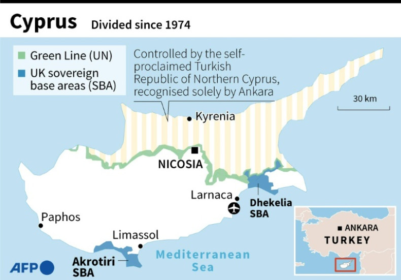 Map of Cyprus, a Mediterranean island divided since 1974.