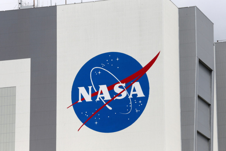 The NASA logo is seen at Kennedy Space Center in Cape Canaveral