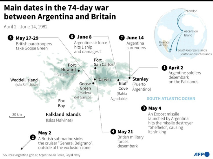 Map of the Falkland Islands with the main events of the war between Argentina and Britain in 1982